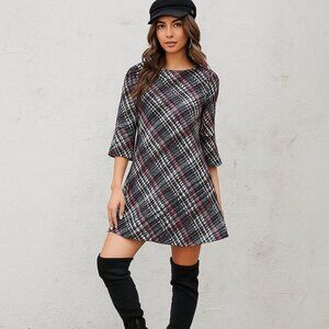 Jessica Howard Red Black 3/4 Bell Sleeve Houndstooth Plaid Shift Dress Sz XL